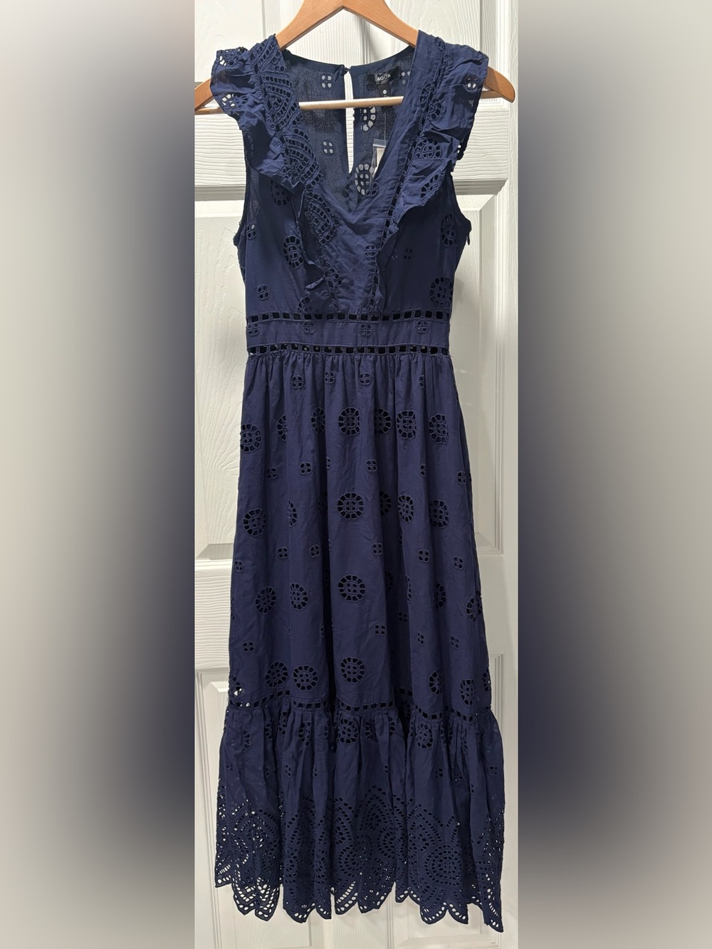 NWT Aqua Navy Eyelet Ruffle Midi Dress
